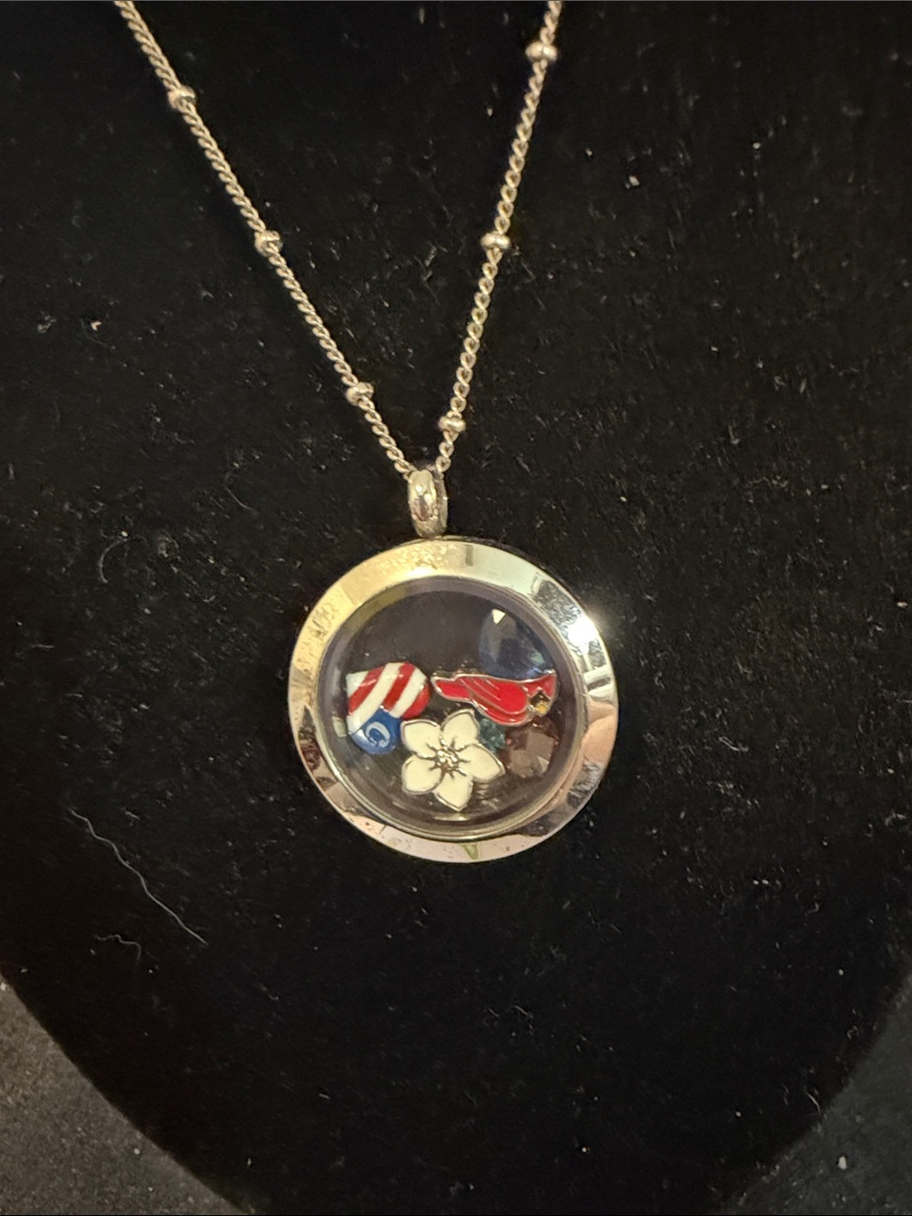 Origami Owl Silver Locket Necklace with Red Cardinal and White Flower Charms